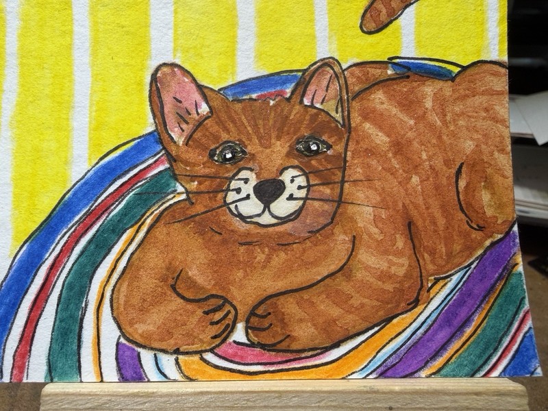 ACEO Signed, Whimsical Orange Cat on a Rug; Artist; one anxious Lady