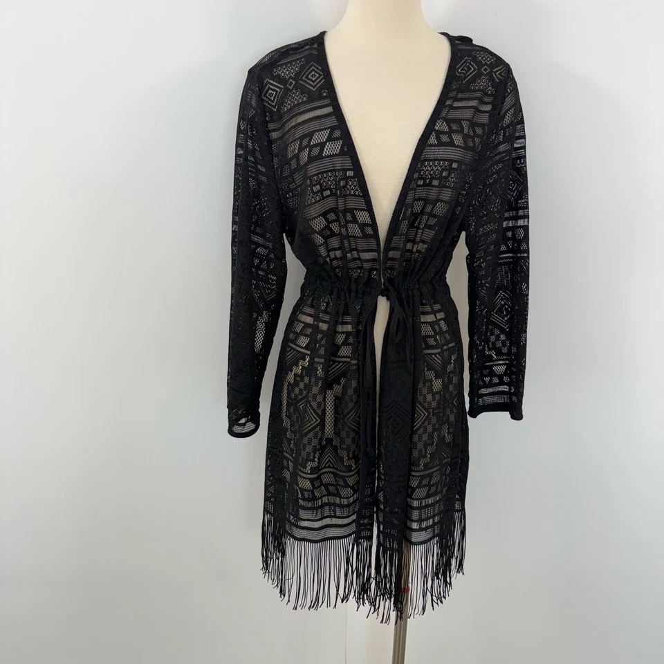 Кимоно Dotti с бахромой накидка черная сетка геометрический размер XL с длинным рукавом - Изображение 2 из 4