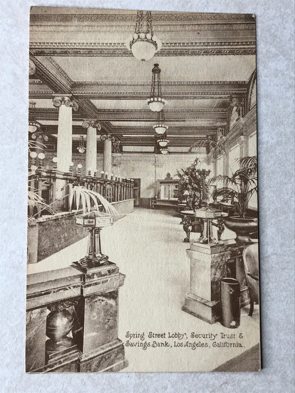 P692 Vintage Postcard Spring Street Lobby Trust and Savings Bank Los Angeles CA
