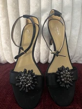 Women's COACH Open Toe Satin Black Strappy Pumps Heels flower Size 9 B holiday