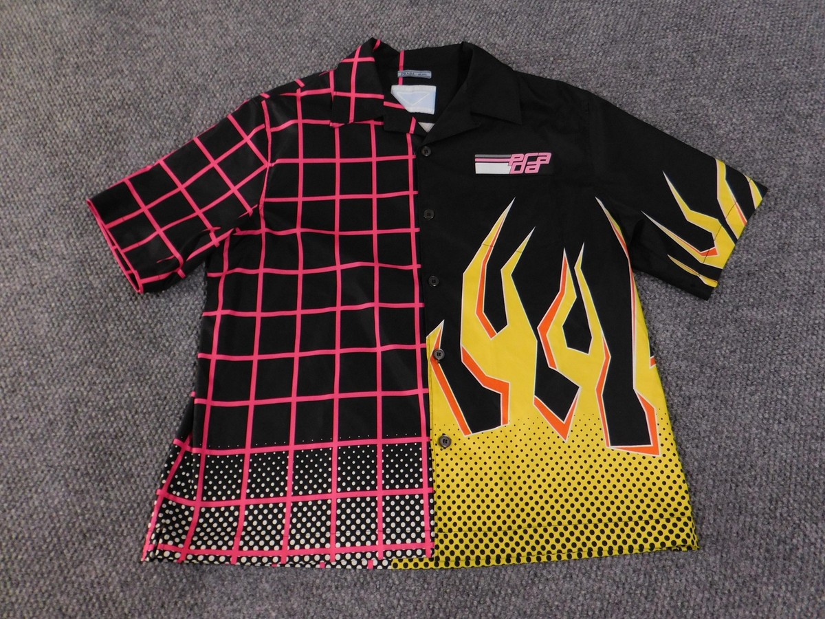 Prada Shirt Mens XL Black Time Capsule Flame Grid Cuban Collar