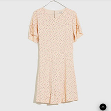 Madewell Women's Beige Floral A-Line Puff Short Sleeve Tie Back Zip Dress 10