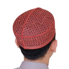 Rust Brown Pakistani Topi Cap - Embroidered Muslim Islamic Round Rigid Lined Hat