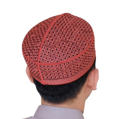 Rust Brown Pakistani Topi Cap - Embroidered Muslim Islamic Round Rigid Lined Hat