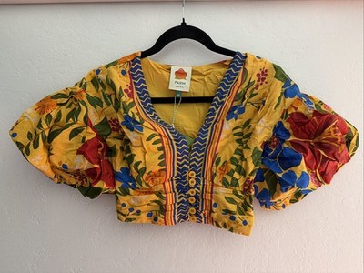NWT Farm Rio Floral Yellow Yard Puff Sleeve V Neckline Crop Top XXS