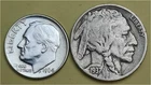 Lot of 2 Coins- 1 90% Silver Roosevelt 10c (1964D) & 1 Better Buffalo 5c (1937P)