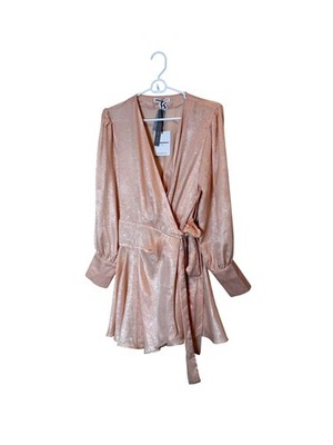 Glamorous Dress Womens PL Petite Pink Metallic Wrap Long Sleeve Satin Mini Party