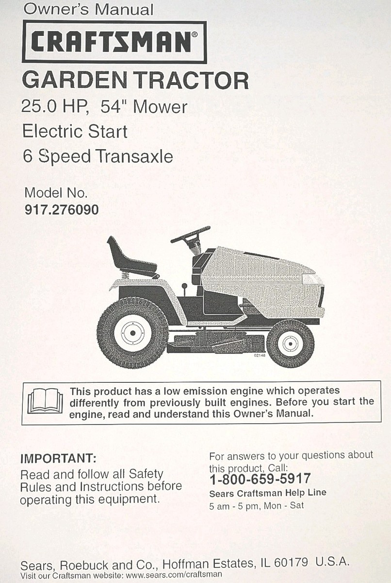 Sears Craftsman GT5000 6sp 25hp 54 Garden Tractor Owner &Parts  Manual