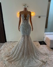 Sparkly Sequin Mermaid Prom Dresses Luxury Bead Crystal Sheer Party Evening Gown