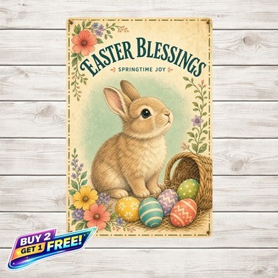 Hand Painted Rabbit Illustration Easter Bunny Greeting Metal Sign