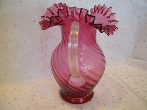 Fenton Cranberry Swirl Glass  Pitcher with Crimped Edge & Applied Clear Handle - Picture 5 of 7