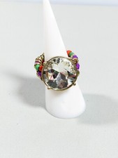 Artisan Gold Tone Purple Green Beaded Round Crystal Rhinestone Stretch Ring Sz 7
