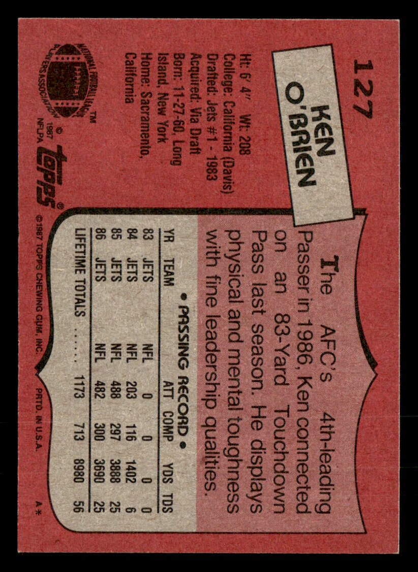 1987 Topps #127 Ken O'Brien | eBay