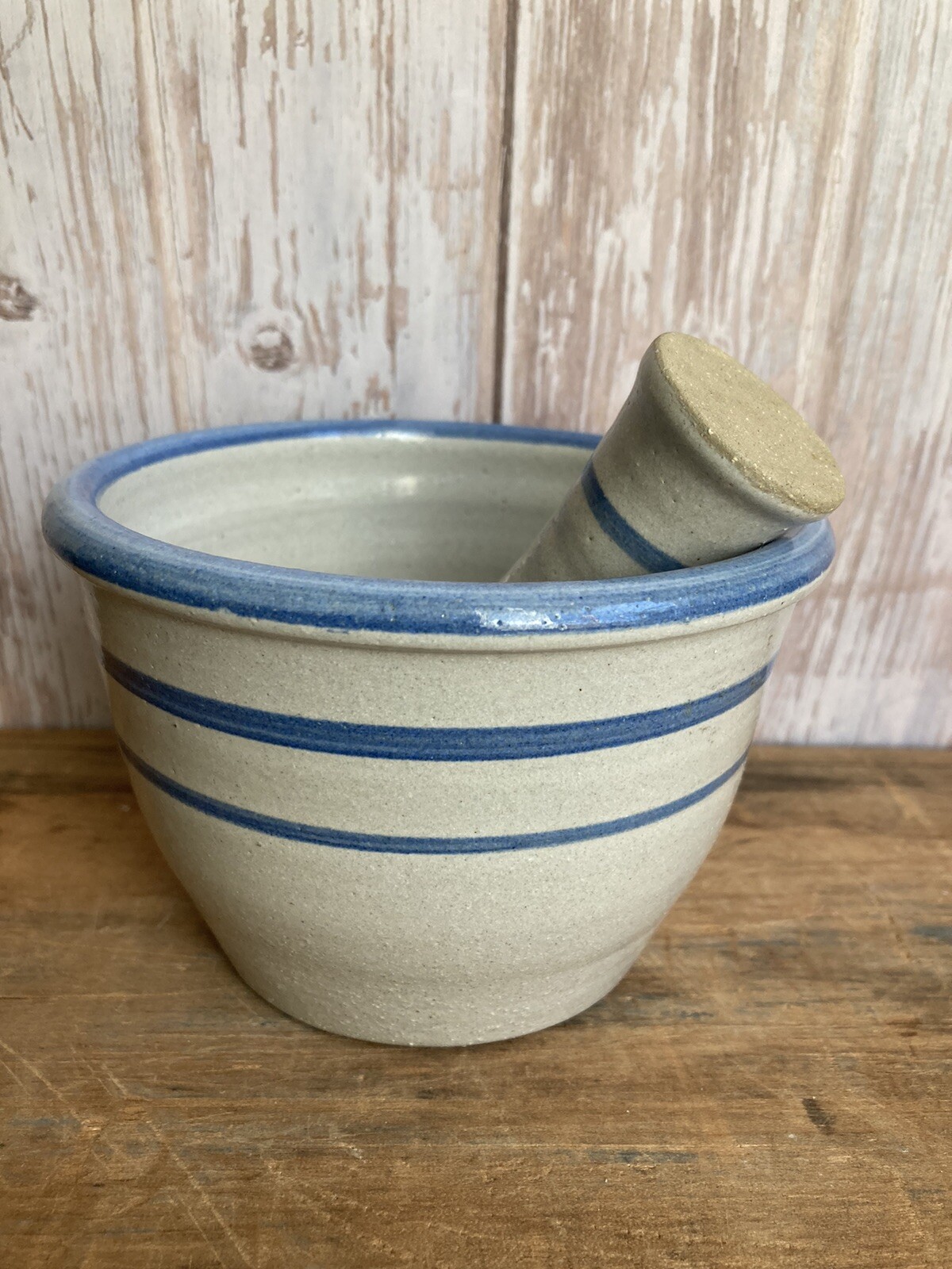 VINTAGE RED WING POTTERY STONEWARE MORTAR PESTLE BLUE BAND MADE IN USA