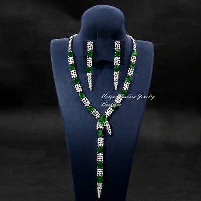 18k White Gold Plated Lab-Created Green Emerald Necklace Earrings Set Gorgeous