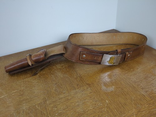 Vintage Handmade Leather Pistol Belt Ammo Holster 32/34 - Right Hand - Cowboy - Foto 1 di 7