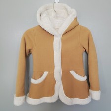Uniqlo Sherpa Fleece Jacket Kids Girls Size 7-8 Brown Hood Snap Button Pockets