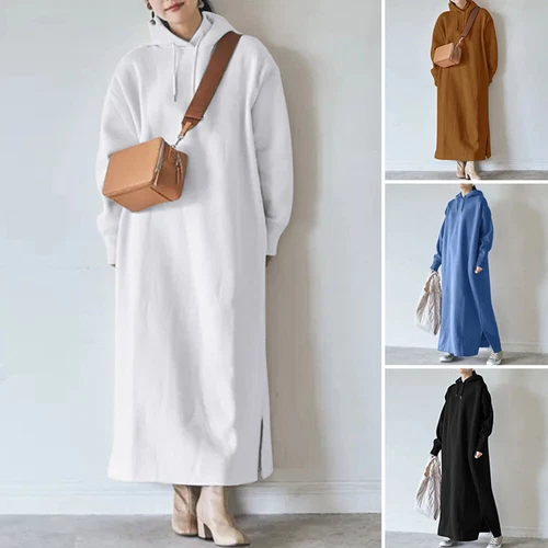 Damen Langarm Fleece Kapuze Locker Maxi Pullover Hoodies Sweatshirt Kleid - Bild 2 von 25