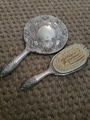 silver plated dressing table set Vintage Silver Plate Vanity Dresser Set Matching Hand Mirror Brush Comb Tray Raised Relief Scroll Floral Design Victorian Style Home Decor