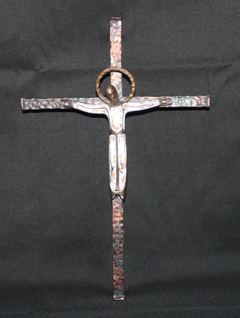 Crucifix. Copper Christ with enamel and iron cross. C.1940