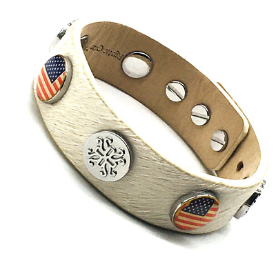 Rustic Cuff Gold Tone Logo White Cream Leather Hyde American Flag Bracelet 8 