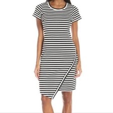 Calvin Klein Asymmetrical Hem Short Sleeve Striped Dress Women’s 4 Black White
