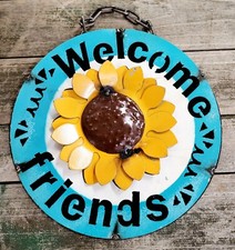 Metal Sign WELCOME FRIENDS Lodge Man Cave Home Decor Recycled SUNFLOWER