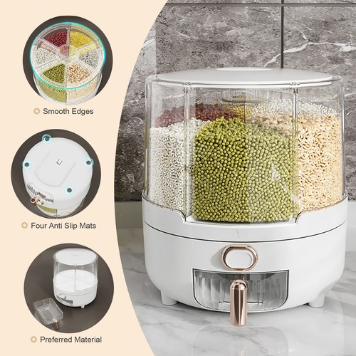 360° Rotating Grain Storage Container 6 Grid Round Food Dispenser for Beans Rice - Picture 4 of 8