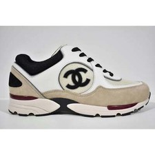 Chanel 22S White Ivory Beige Black CC Logo Tie Flat Runner Trainer Sneaker 42