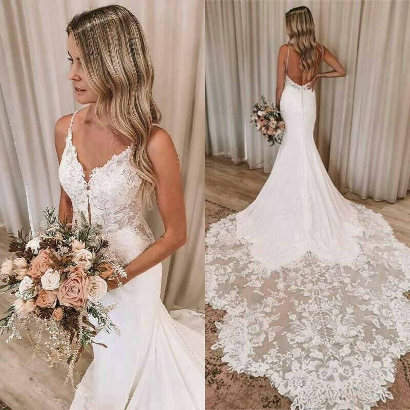 Sexy Mermaid Wedding Dresses Spaghetti Strap Beach Long Train V-neck  Backless