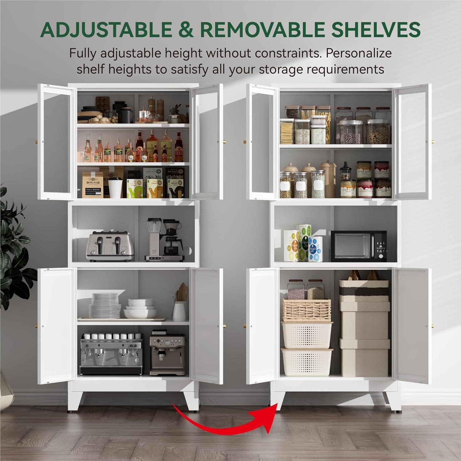 69" Metal Kitchen Pantry Storage Cabinet With Glass Doors and Adjustable Shelves