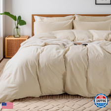 Nexhome Pro Duvet Cover Set Queen Size Linen Feel Textured Organic Natural 100