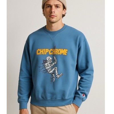 Chip Chrome Graphic Sweatshirt Champion Crewneck Mens M Blue Skeleton Band Tee