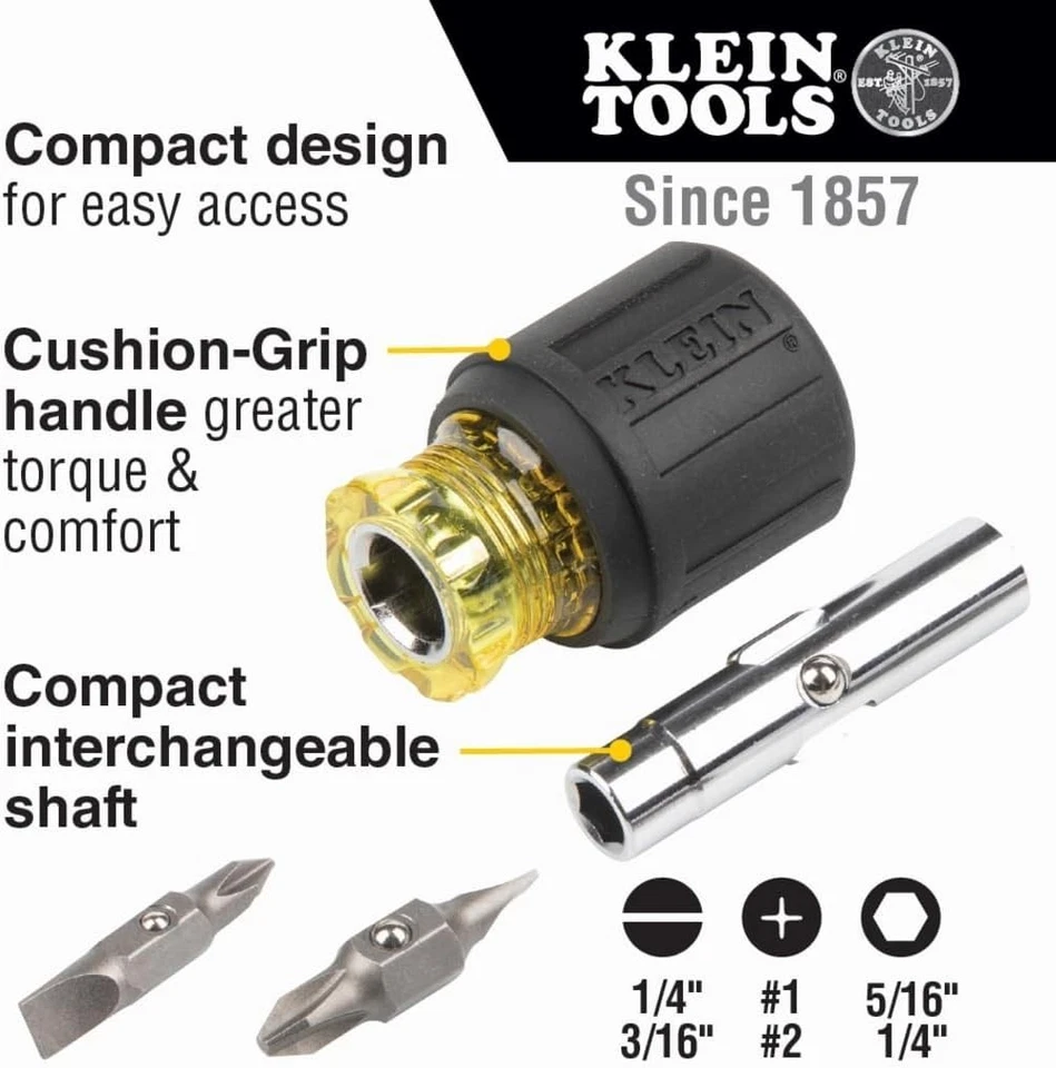 Klein 6-in-1 Stubby Screwdriver: Insulated Magnetic Tip, Compact & Versatile - Image 4 of 4