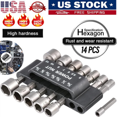 14PCS POWER Nut Driver Drill Bit Set Socket Bit Adapter metric & SAE Socket USA~