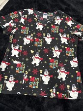 Frosty the Snowman Black Scrub Top Womens Medium M Christmas