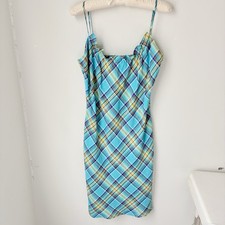 Ralph Lauren 100% Linen Blue Plaid Dress Y2K Slip Mini Size Medium Retro Preppy