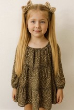 Hayden Girls Olive Beige Floral A-Line Dress Balloon Sleeve Round Neck Size S7/8