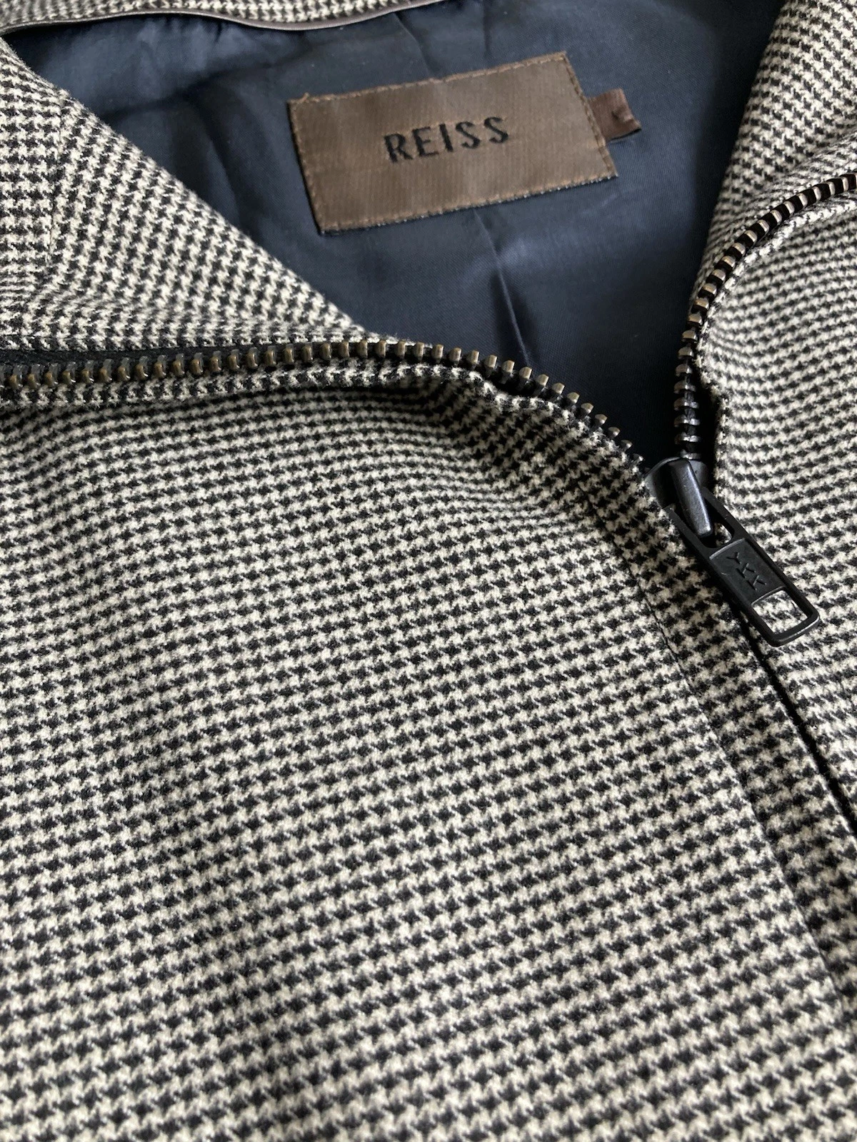 REISS Vintage Taupe Brown Houndstooth Harrington Jacket Size L Zip Pocket Casual
