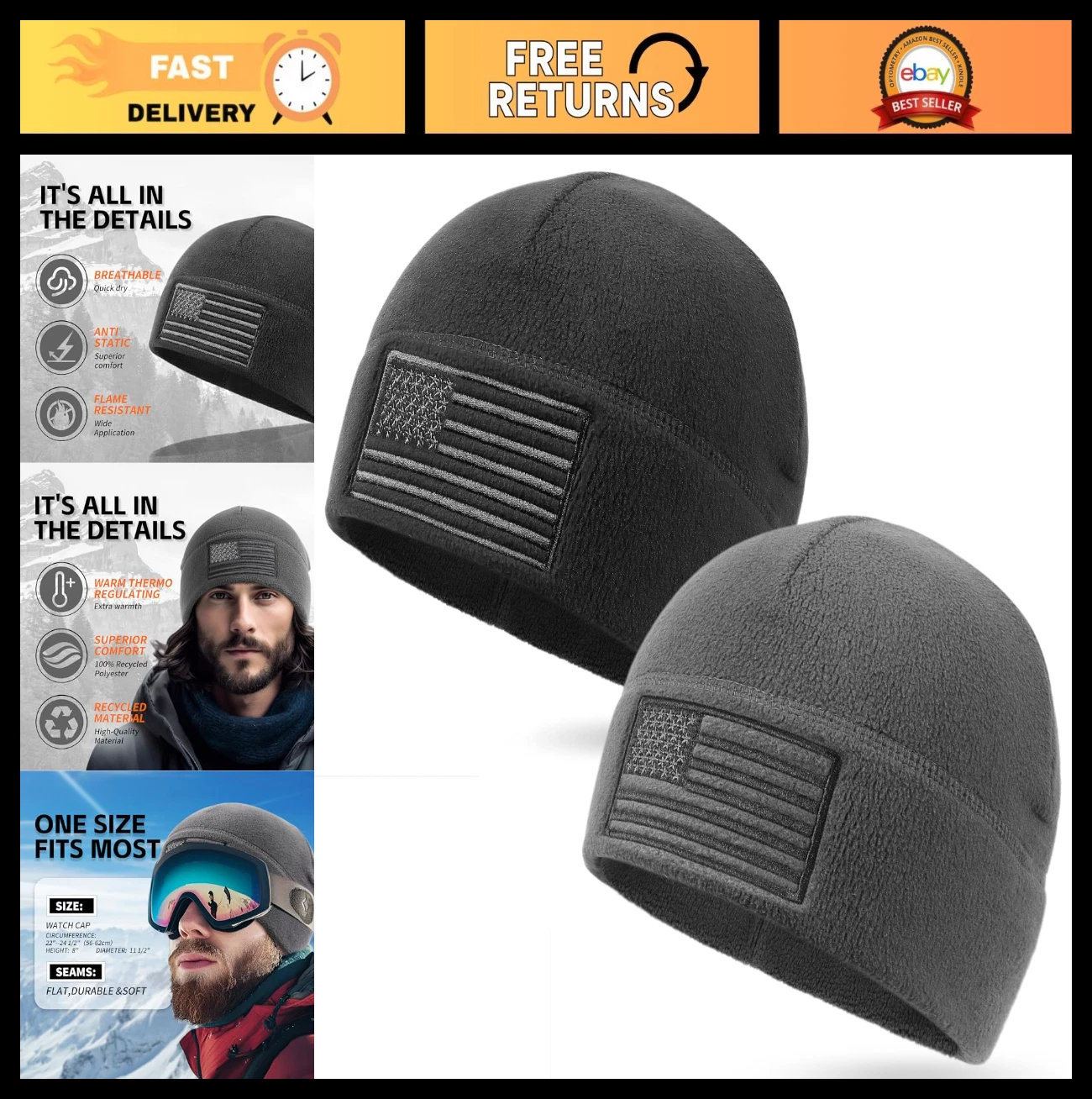 USA Flag Fleece Watch Cap - Multi-Season Tactical Beanie, Warm Winter Hat