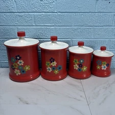 Vintage Kromex Flower Power Daisy 4 Canister Set Aluminum Nesting 1970 Red 5461