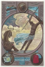 1918 WWI era Italian Military Propaganda & Poster Art, Man & Lion, Old Postcard