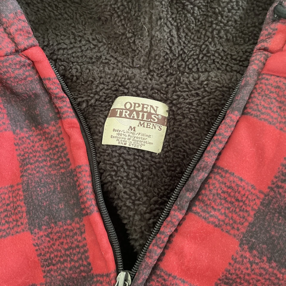 OPEN TRAILS MENS VTG RED BLACK CHECK HOODIE ZIPPER SHERPA JACKET MEDIUM - Image 4 of 4