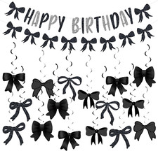30PCS Black Bow Hanging Swirls Happy Birthday Black Bowknot Party Decorations Bo