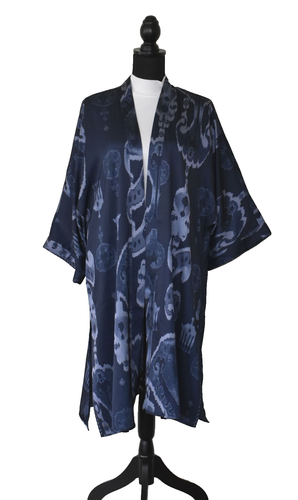 A5 NWOT CHICOS Navy Printed Open Front Side Slits 3/4 Sleeve Kimono Robe Size L
