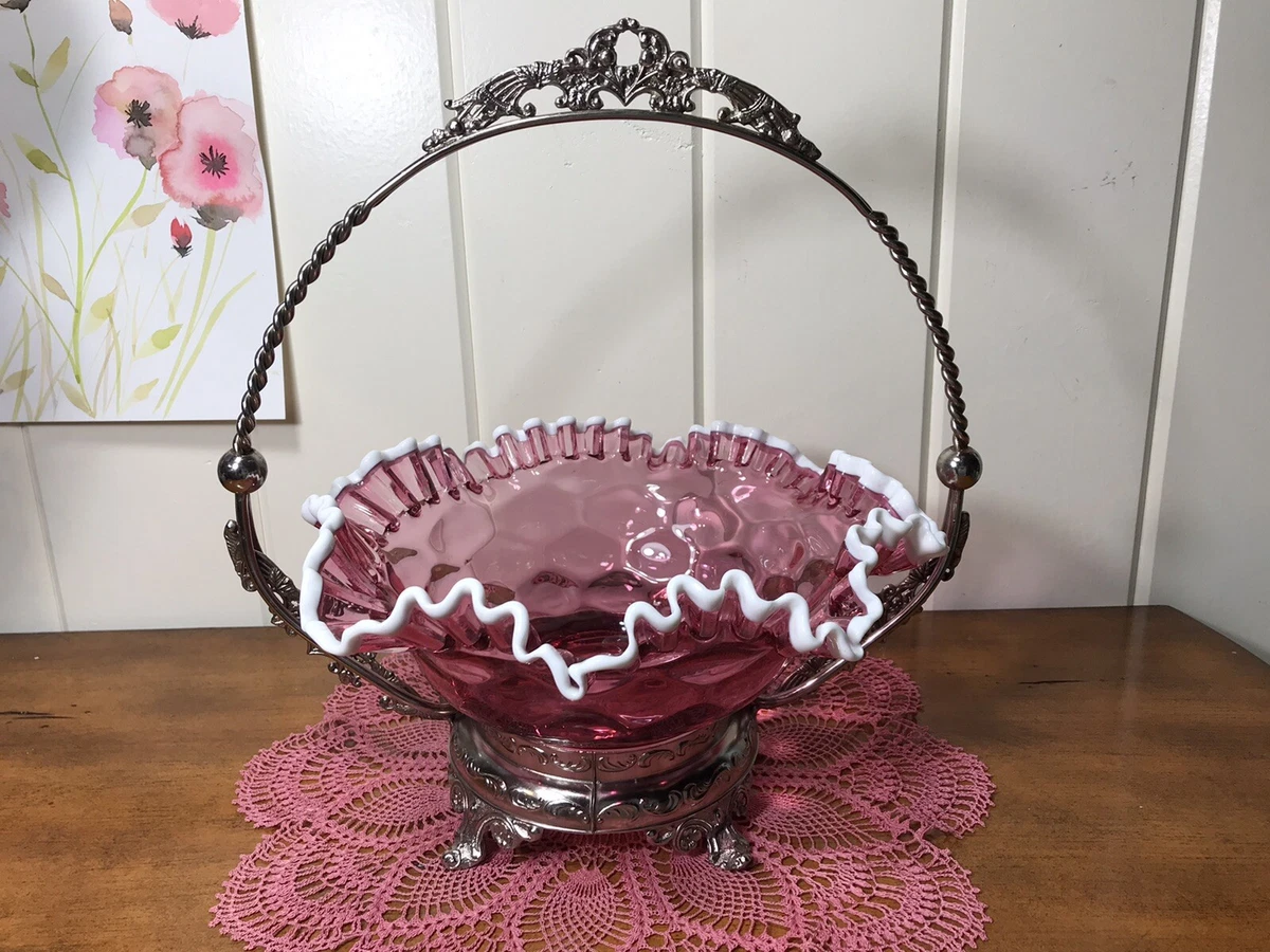 Antique Silver Plated Brides Basket W Ruffled Pink And White