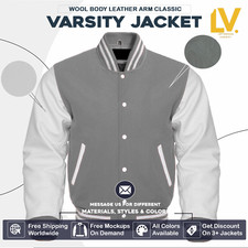 Varsity Letterman Jacket For Men Women  Kids Gray Body White Leather Sleeves