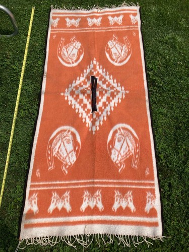 Vintage Horse Western Cowboy Poncho Serape Orange Cream Decor Southwest - Picture 6 of 9