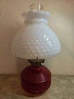 Vintage LAMPLIGHT FARMS Oil Lamp Red Body With Hobnail Milk Glass Shade