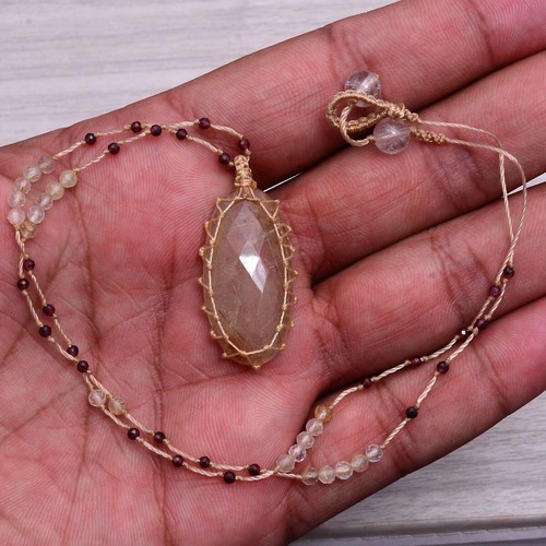Hand Crafted Natural Rutile Quartz Checker Cut Boho Macrame Beaded Necklace - Picture 2 of 14